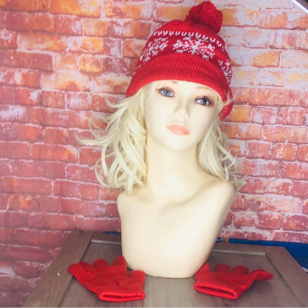 Red and White Nordic Knot Beanie and Gloves Set